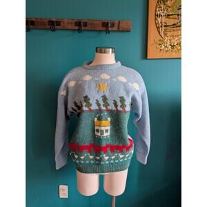 Vintage 1980s Hand Knit Landscape Wool Novelty Sweater Large Cows Geese Farm 80s